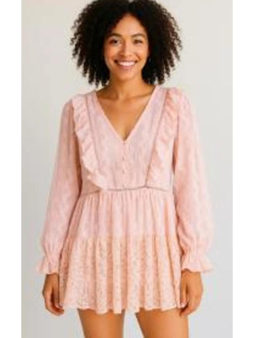 POL Boutique Pink Layered Ruffle Mini Dress Lace Trim - Women's Large NWOT